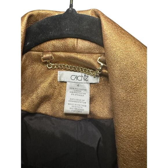 Caché Metallic Gold Faux Leather Jacket Size 4 Open Front Waterfall Moto Blazer - Picture 3 of 3